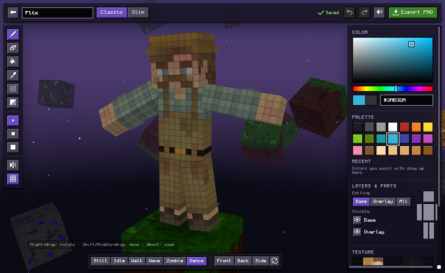 Minecraft skin previewed in a dance pose in SkinCraft