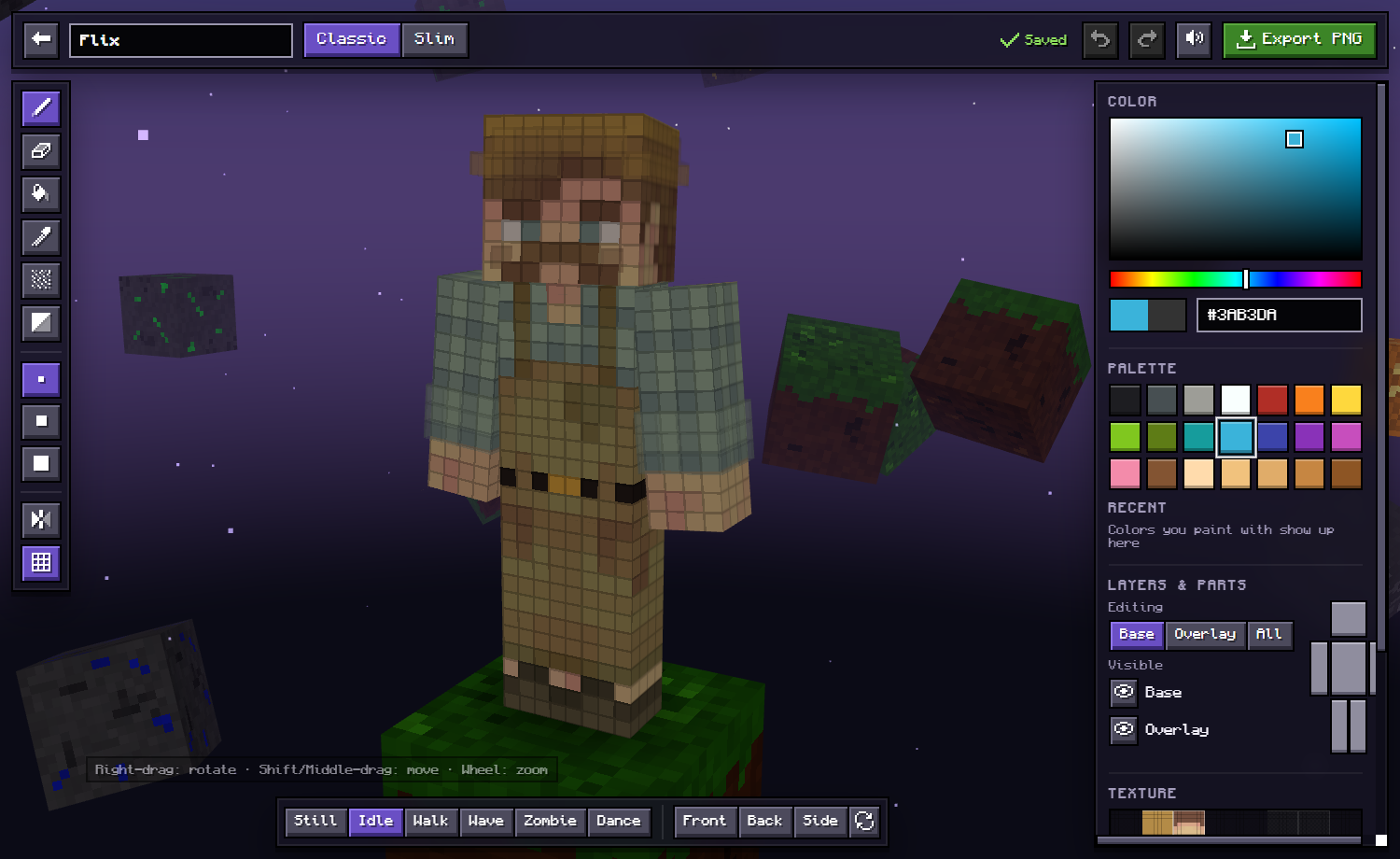 SkinCraft editor painting a Minecraft skin on a 3D model